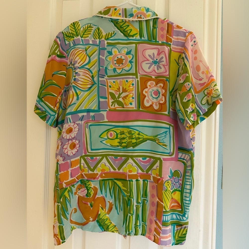 Vintage Bob Mackie Wearable Art Small Pink Green 100% Silk Tropical Fish Monkey - Picture 3 of 3